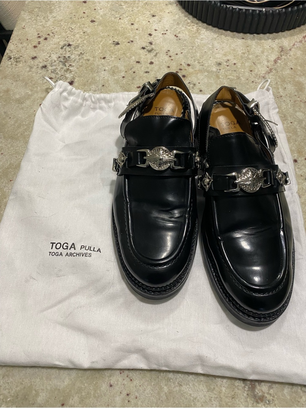 TOGA Pulla Black Leather Buckle Slip-On Loafers with Silver Hardware